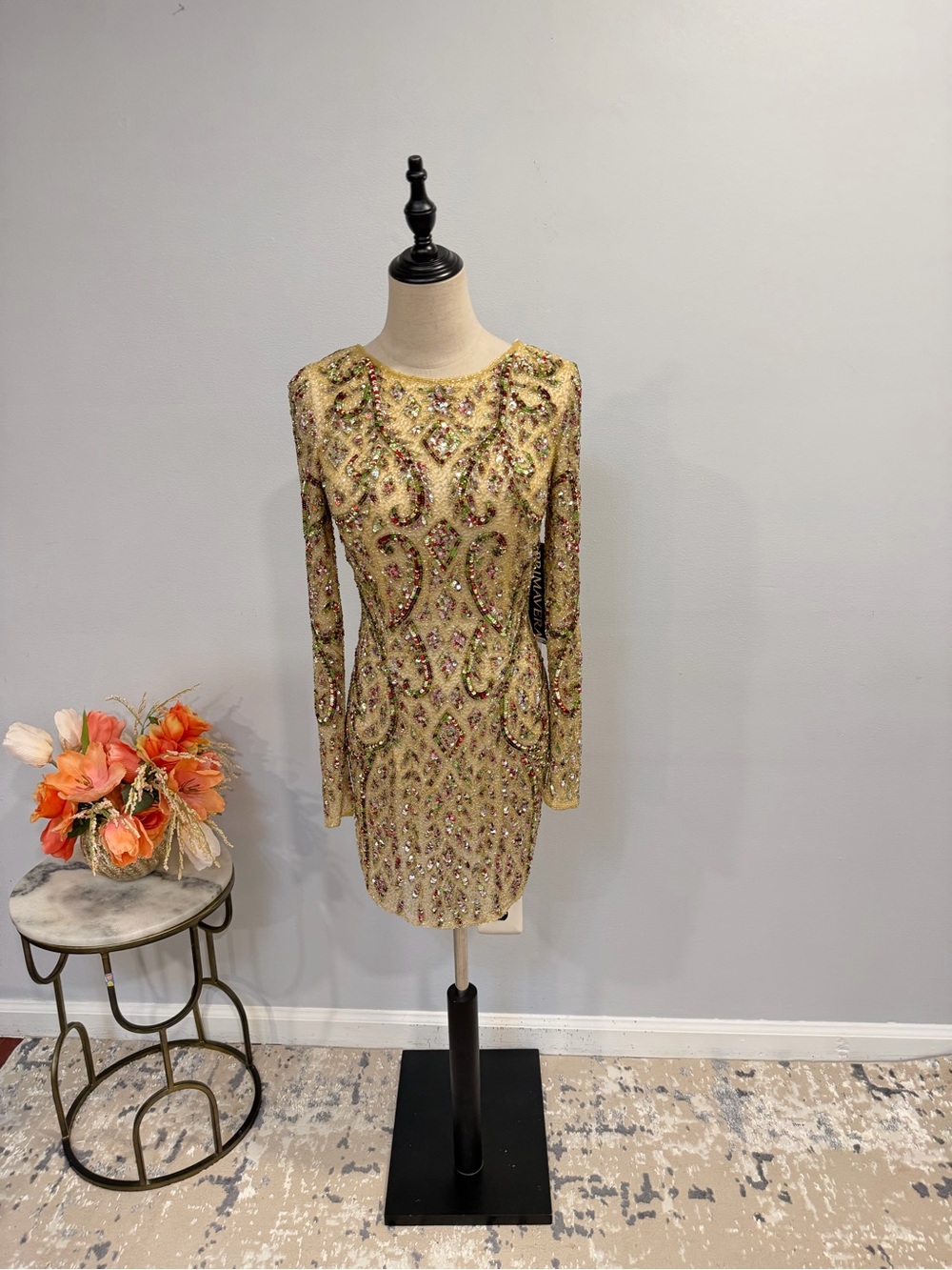 Primavera Nude Gold Multi Beaded Sequined Embellished Long-Sleeve Cocktail Dress